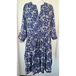 Vintage Gap Cotton Floral 3/4 Sleeves Peasant Button Up Midi DressShirt Blue Whi